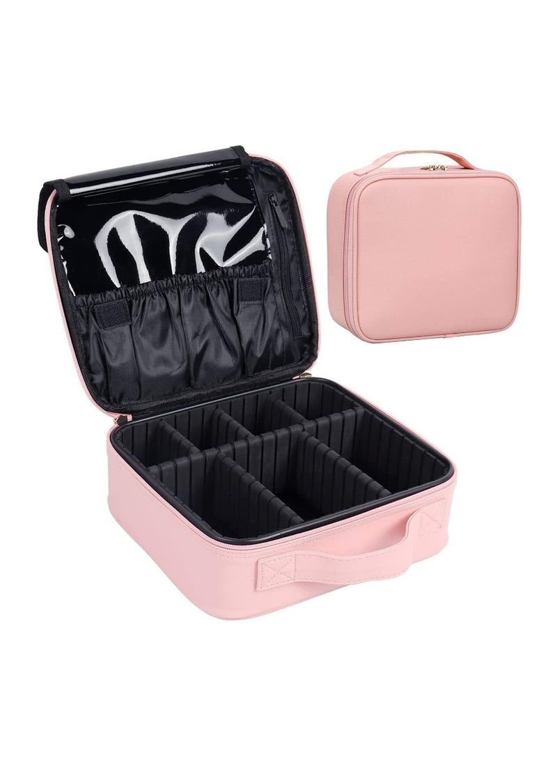 Large capacity travel makeup bag, waterproof Oxford cloth portable storage box/makeup case, cosmetic and brush organizer with adjustable dividers (pink) - Image 1
